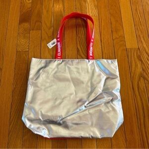 New Clinique Womens Silver Red Reusable Shopping Beach Travel Shoulder Tote Bag